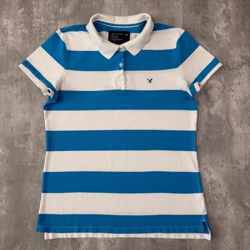 Vintage American Eagle Polo Shirt Womens XL Blue Striped Short Sleeve Preppy
